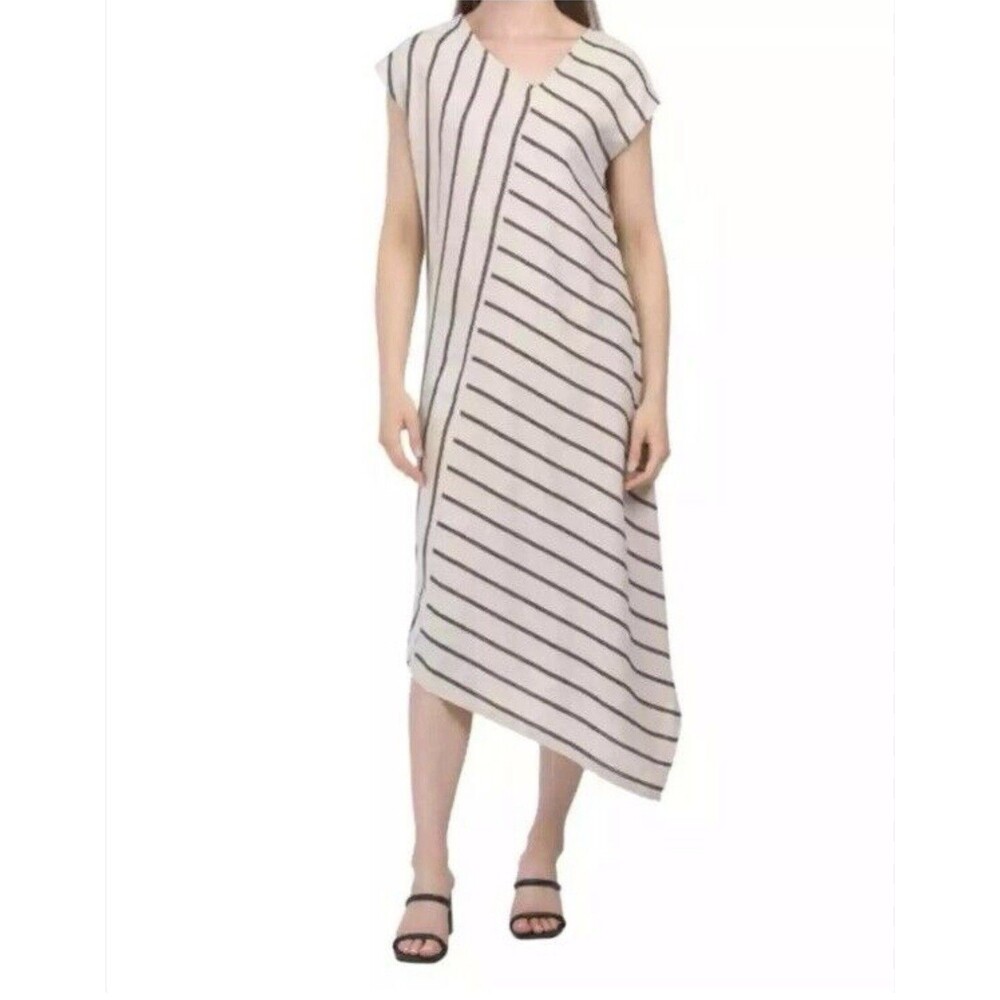 Tahari Womens M Maxi Dress Linen Cream/Black Pullover Asymmetrical Coastal Artsy
